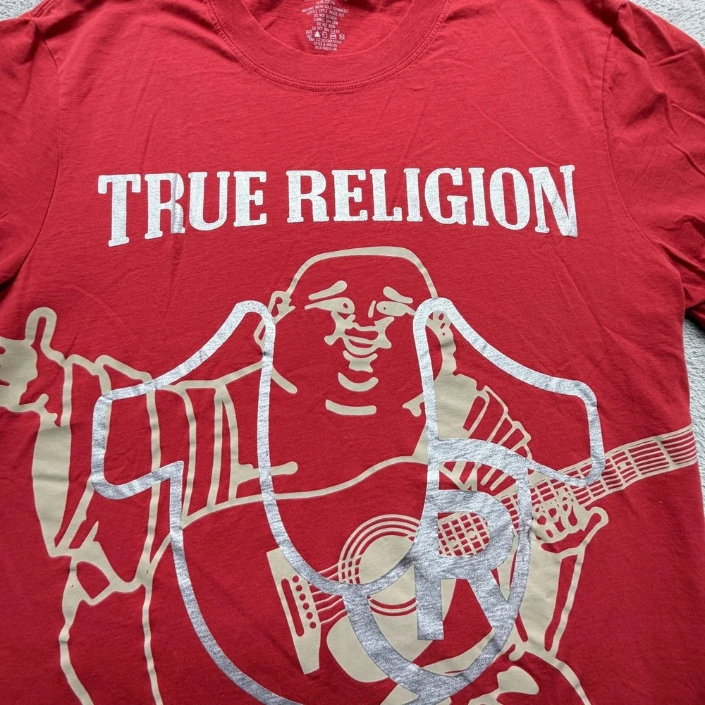 True Religion Shirt Mens L Red Guitar Buddha Graphic Crewneck Cotton Tee‎
